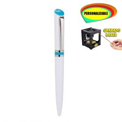 Bolígrafo blanco con detalle azul, grabable a láser/uvi