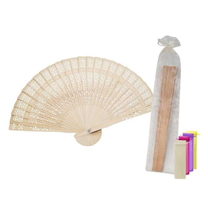 Abanico de madera y bolsa de tul en 4 colores surtidos