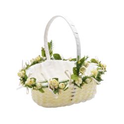 Cesta con asa y adornos de flores blancas con hojas verdes, de 18 cm