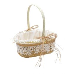 Cesta rústica con yute, adorno de encaje y asa, de 18 cm