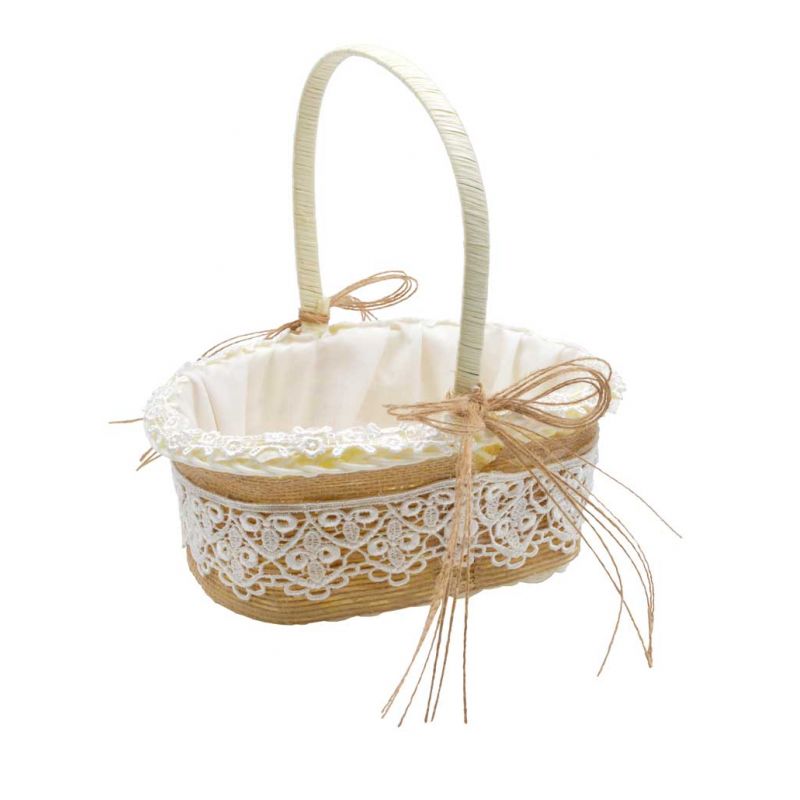 Cesta rústica con yute, adorno de encaje y asa, de 18 cm