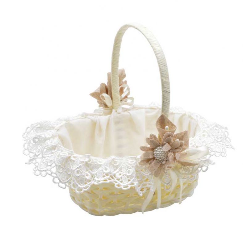 Cesta con asa, 2 grandes flores de rafia y forros con encaje, de 18 cm