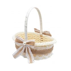 Cesta rústica con 2 grandes lazos de yute con encaje blanco y perlas