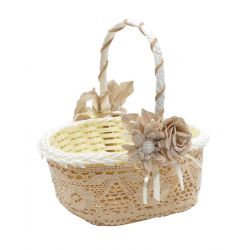Cesta rústica con encaje marrón y 2 grandes flores con lazos, 18 cm