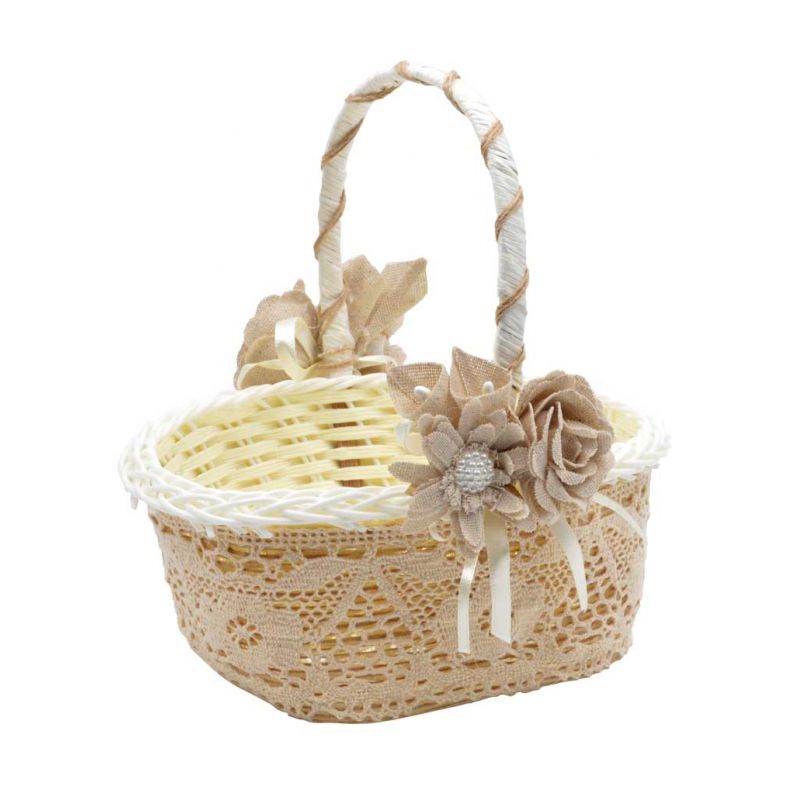 Cesta rústica con encaje marrón y 2 grandes flores con lazos, 18 cm