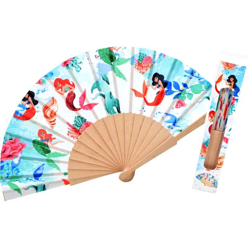 Abanico con motivos de sirena  en tela y madera
