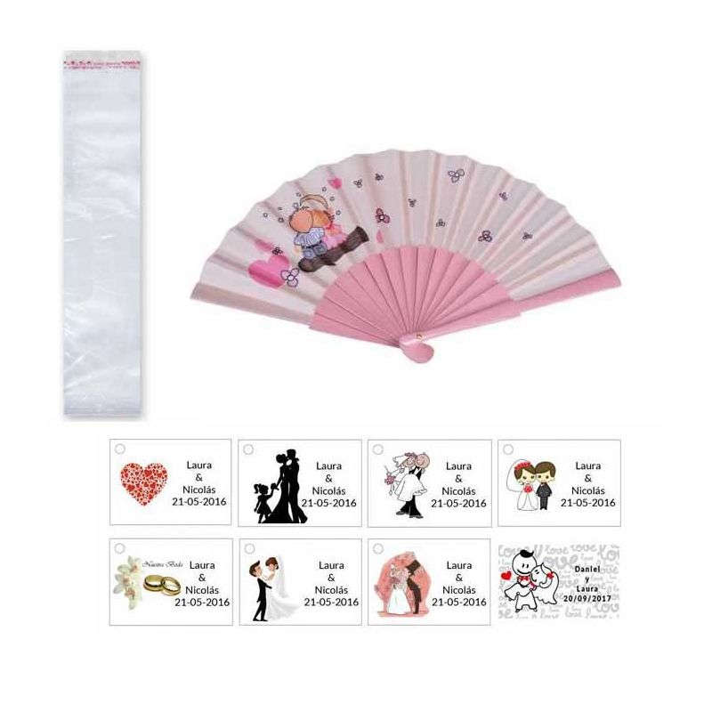 Abanico rosa para bodas con bolsa y tarjeta