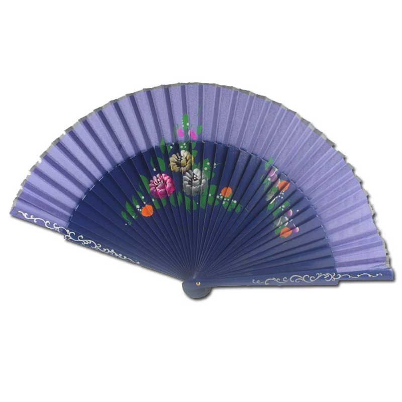 Abanico azul con flores pintado a mano para regalar en bodas