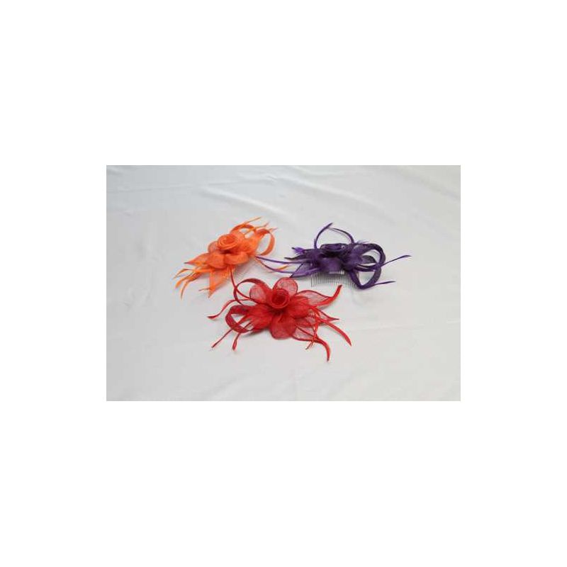 Tocado-Peina Flor Sinamay y  plumas 3 colores