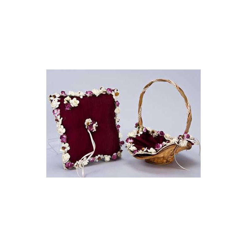 Cojín alianzas burdeos con florecillas / cesta (precio no marcado)