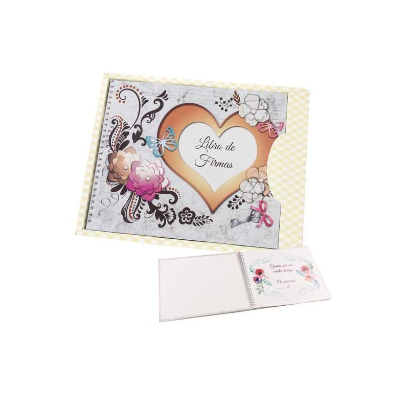 Libro de firmas para boda con corazón y flores