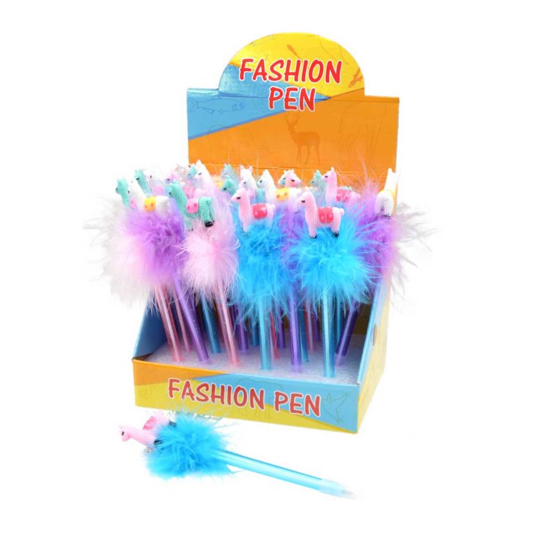 Bolígrafo llama y pompón de plumas colores surtidos