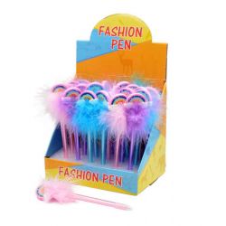 Bolígrafo con arcoiris y pompón de plumas colores surtidos