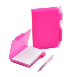 Libreta rosa con caja de plástico rosa y boli que cierra la caja