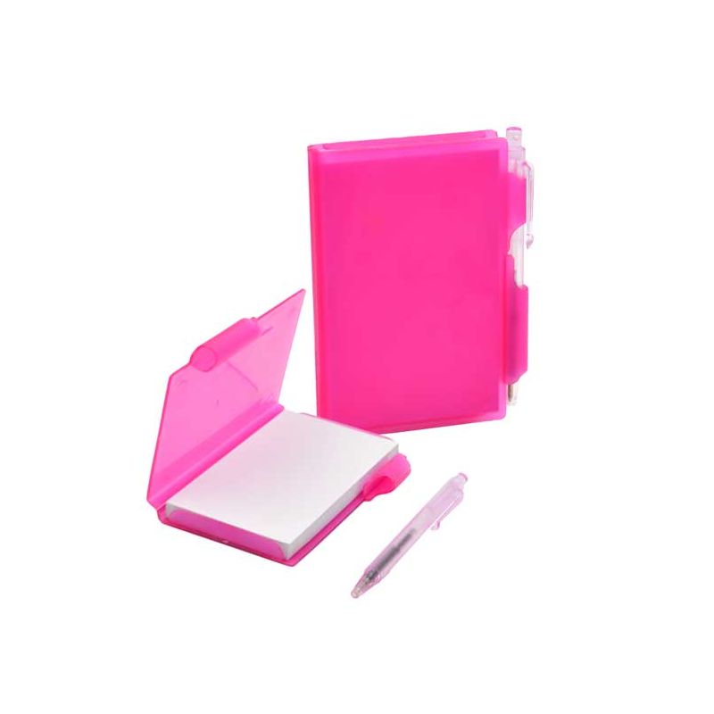 Libreta rosa con caja de plástico rosa y boli que cierra la caja