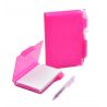 Libreta rosa con caja de plástico rosa y boli que cierra la caja