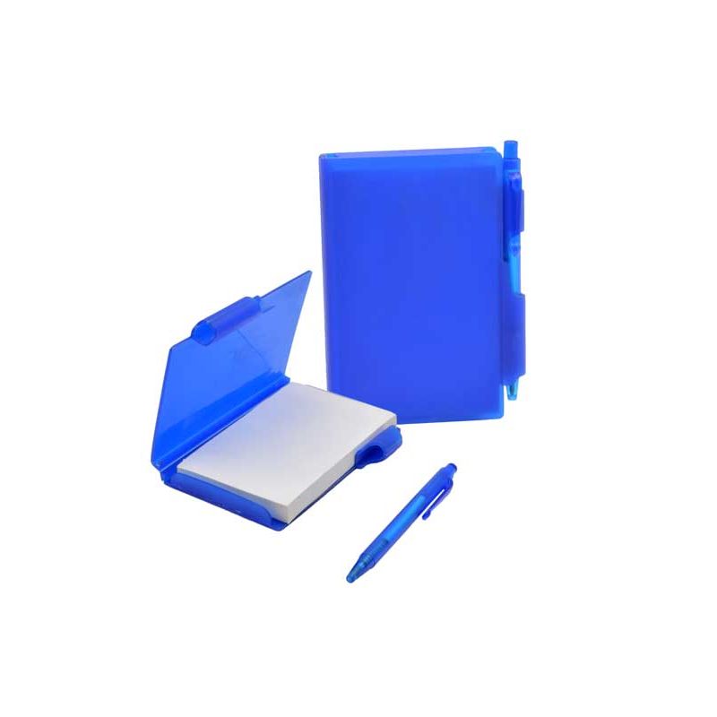 Libreta rosa con caja de plástico azul y boli que cierra la caja