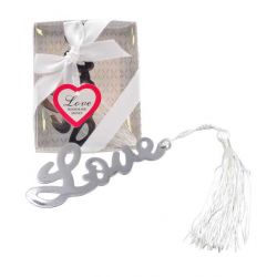 Marcapáginas love con flecos blancos en caja con lazo