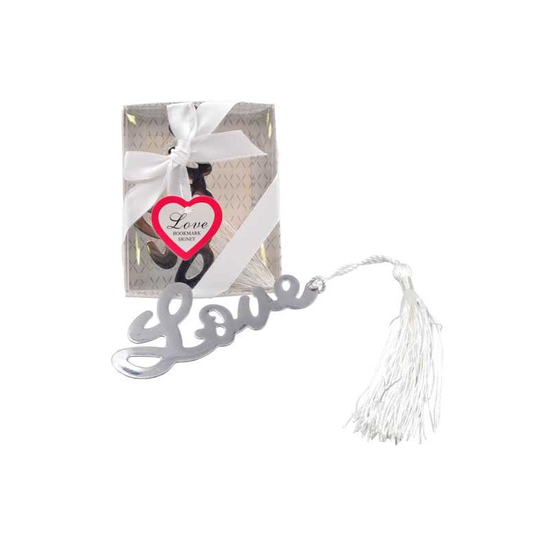 Marcapáginas love con flecos blancos en caja con lazo