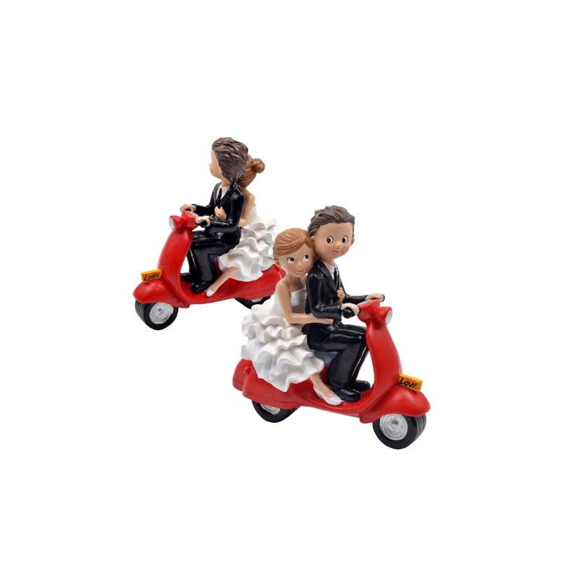 Figura de novios de 18x16x8 cm para la tarta, con novios en moto roja