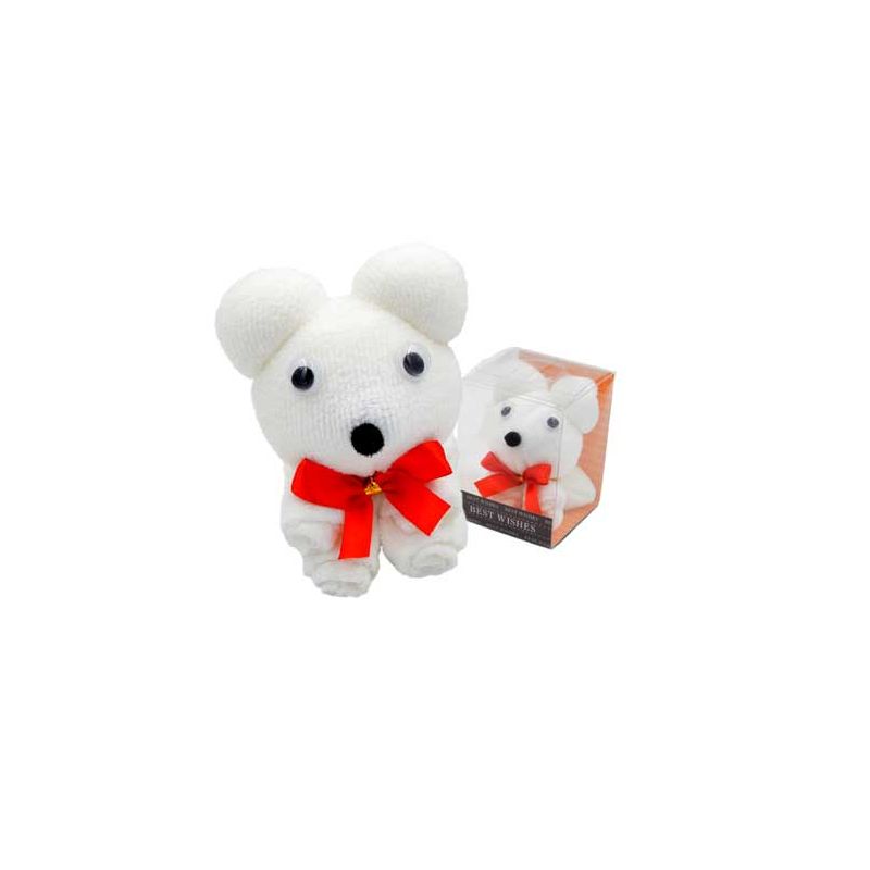 Toallita de oso blanco con lazo rojo, en caja de acetato