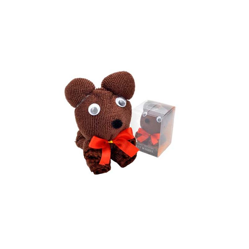 Toallita de oso marrón con lazo rojo, en caja de acetato
