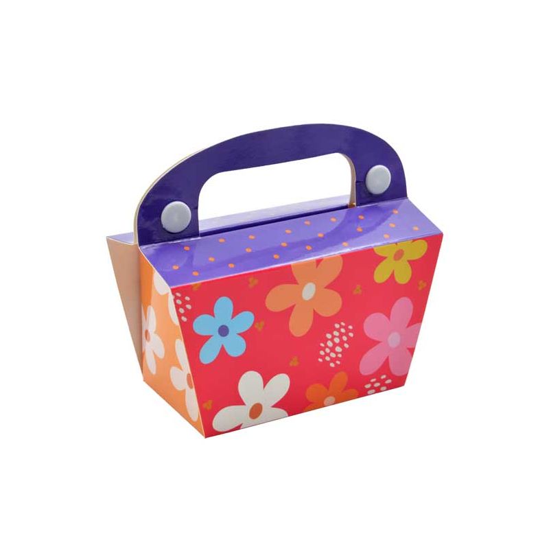 Cajita multicolor de flores con asa para entregar regalos.