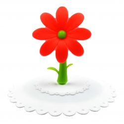 Tapa blanca de silicona para tazas, con flor roja