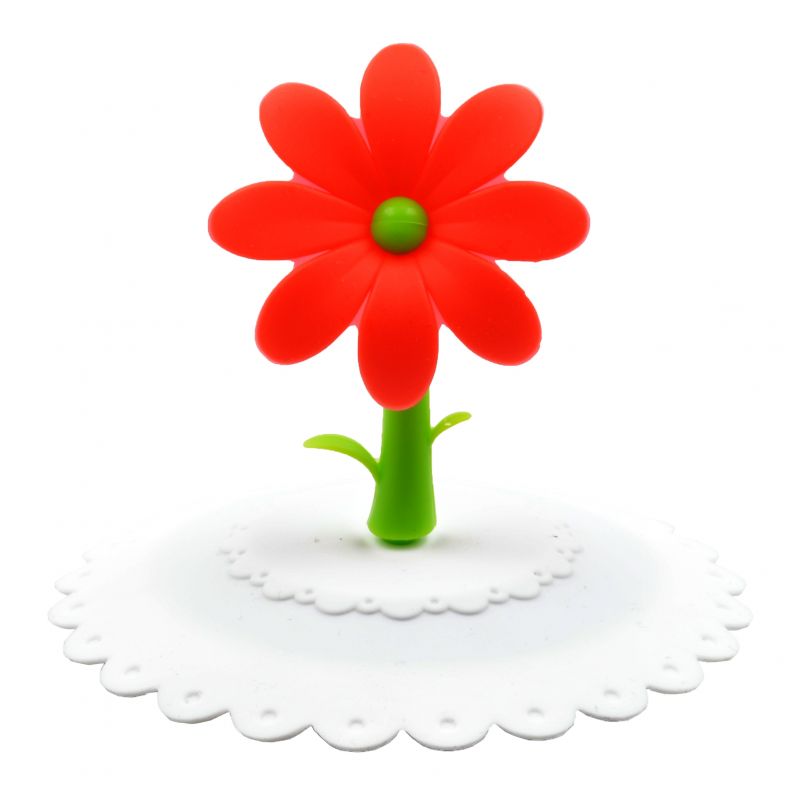 Tapa blanca de silicona para tazas, con flor roja