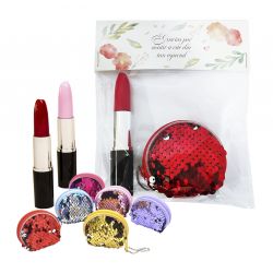 CAJA ROSA CON JABONES PULSERA ESPEJO OK Y BOLI EN BOLSA  CON TARJETA Y LAZO