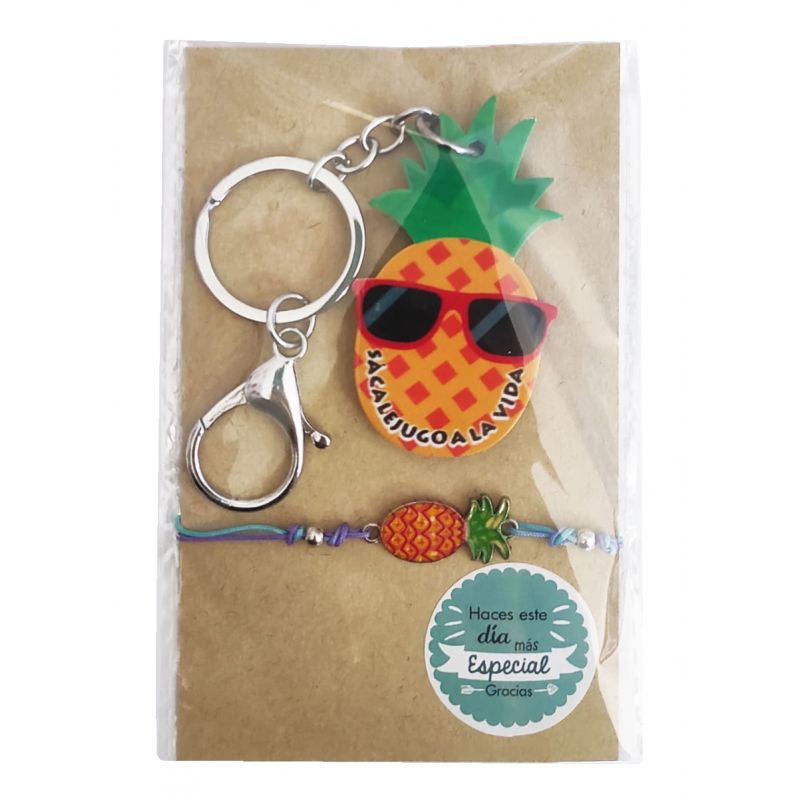 LLAVERO DE PIÑA CON PULSERA EN BOLSA Y PEGATINA